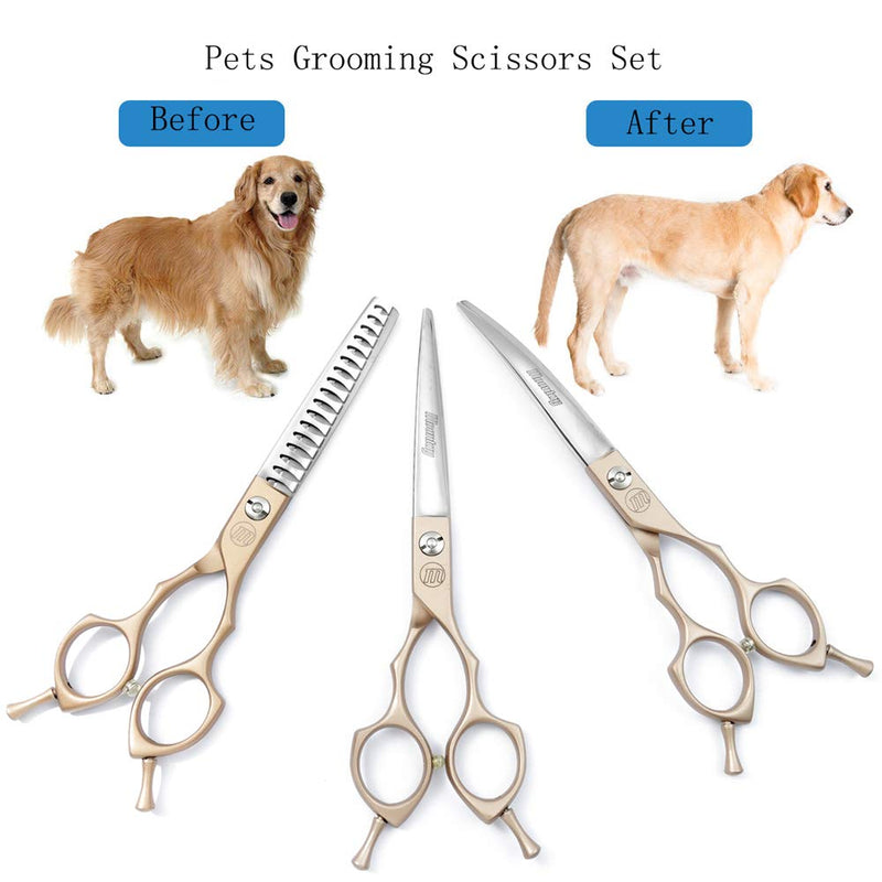 6.5 Inch Professional Dog Grooming Scissors, Straight, Curved, Chunker Grooming Shears for Dogs, Cats, and More Pets, Lightweight, Sharp and Durable, 440 C Japanese Stainless Steel A-3 PCS Set - PawsPlanet Australia