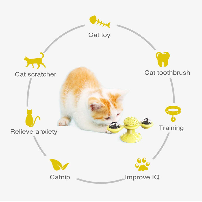 [Australia] - ODOLDI Windmill Cat Toy, Interactive Turntable Cat Toy with Suction Cup Portable Windmill Scratch Hair Brush Soft Silicone Washable Cat Grooming Shedding Massage for Cats Yellow 