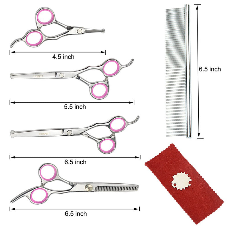 [Australia] - LILYS PET 5 PCS Round Tips Pet Grooming Scissors Kit for Dogs Cats Body Face Ear Nose Paw,6.5" Straight Scissor,6.5" Thinning Scissor,5.5" Straight Scissor, 4.5" Face Scissor and Comb 