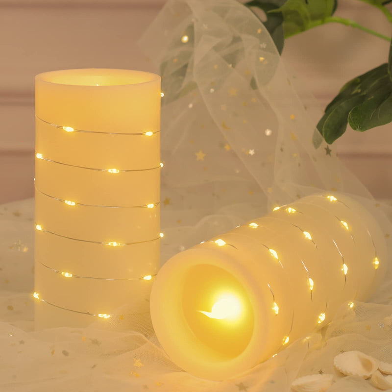 Flameless Candles Battery Operated BeMoment String of White Led Lights Wrapped Around Real Wax Pillar Candles with Remote and Timer Pack of 2 (3"×6") - PawsPlanet Australia