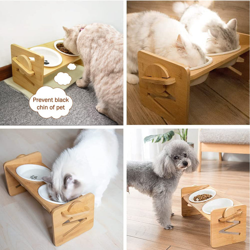 Ceramic Cat Bowls - Adjustable Elevated Cat Dog Bowls with Wood Stand for Water and Food - Double Tilted and Raised Pet Dish for Cats and Puppy (Double) - PawsPlanet Australia