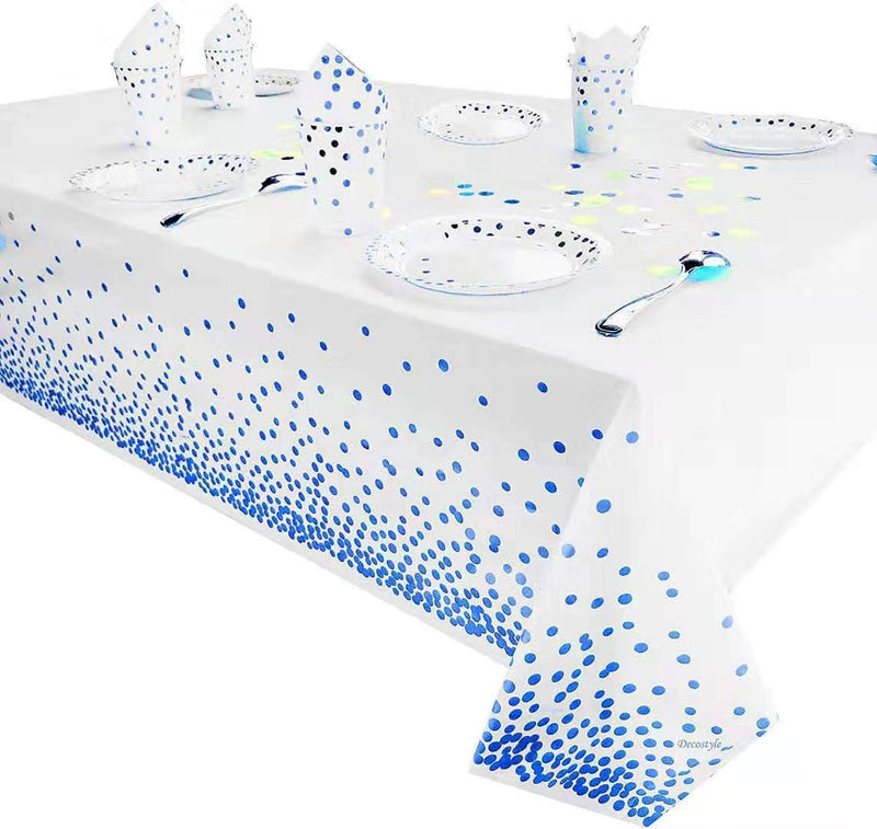 Blue Dot Confetti Plastic Table Cloths for Parties Disposable,- 4 Pack - White Tablecloth, Rectangle Table Covers for Fiesta, Birthday, Wedding, Christmas, Graduation Decorations,- 54" X 108" - PawsPlanet Australia