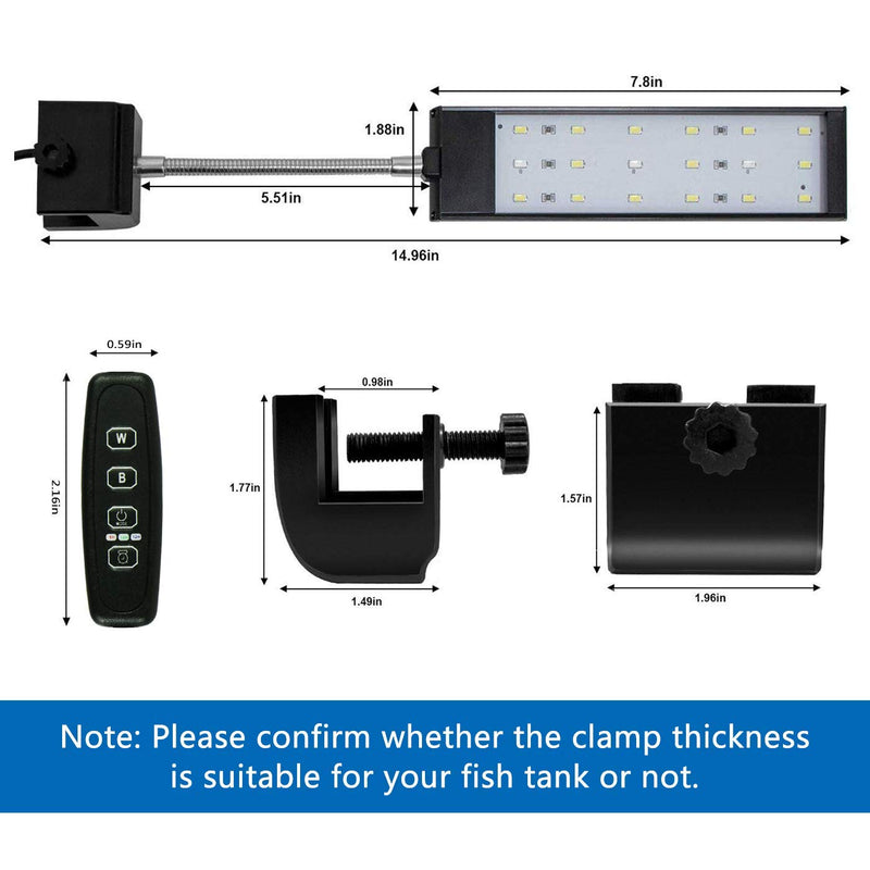 MingDak Fish Tank Clip on Light with Inline Timer, Clamp Aquarium Light with White & Blue LEDs, 3 Lighting Modes, Dimmable, 7W, 18 LEDs 18 led 7W (Timer&Dimmer Switch) - PawsPlanet Australia