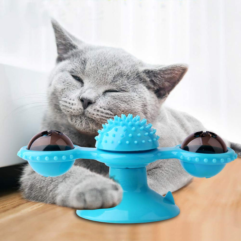 Exboard Windmill Cat Toys, Turntable Interactive Cat Toy with Suction Cup Brush for Cat Tooth Cleaning Scratching,Wall Mount Cat Spinner with Rotatable Toy ball (Blue) - PawsPlanet Australia