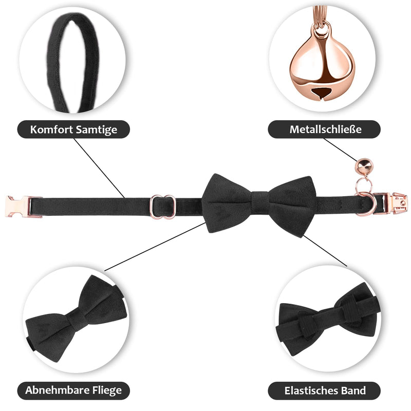 Asvin Velvet Cat Collar with Bell and Bow Tie, Adjustable Cat Collar for Weddings for Kitten Collar (Black) Black - PawsPlanet Australia