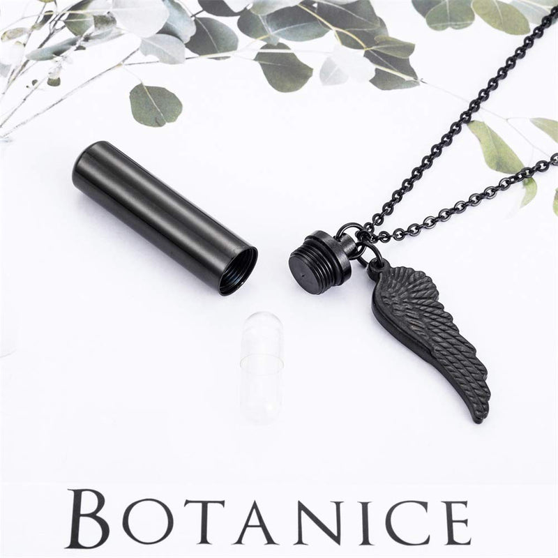 [Australia] - HooAMI Angel Wing Charm & Cylinder Memorial Urn Necklace Stainless Steel Cremation Jewelry 48mm Black 