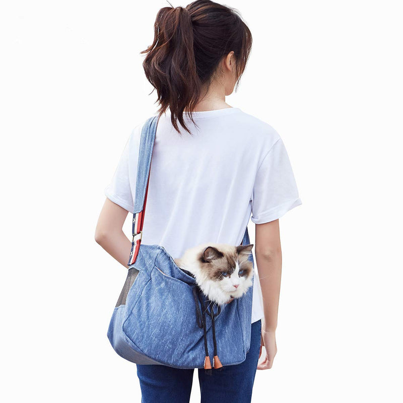 [Australia] - LAPOND Small Dog Cat Sling Carrier, Hands Free Pet Puppy Outdoor Travel Bag Blue Jeans 