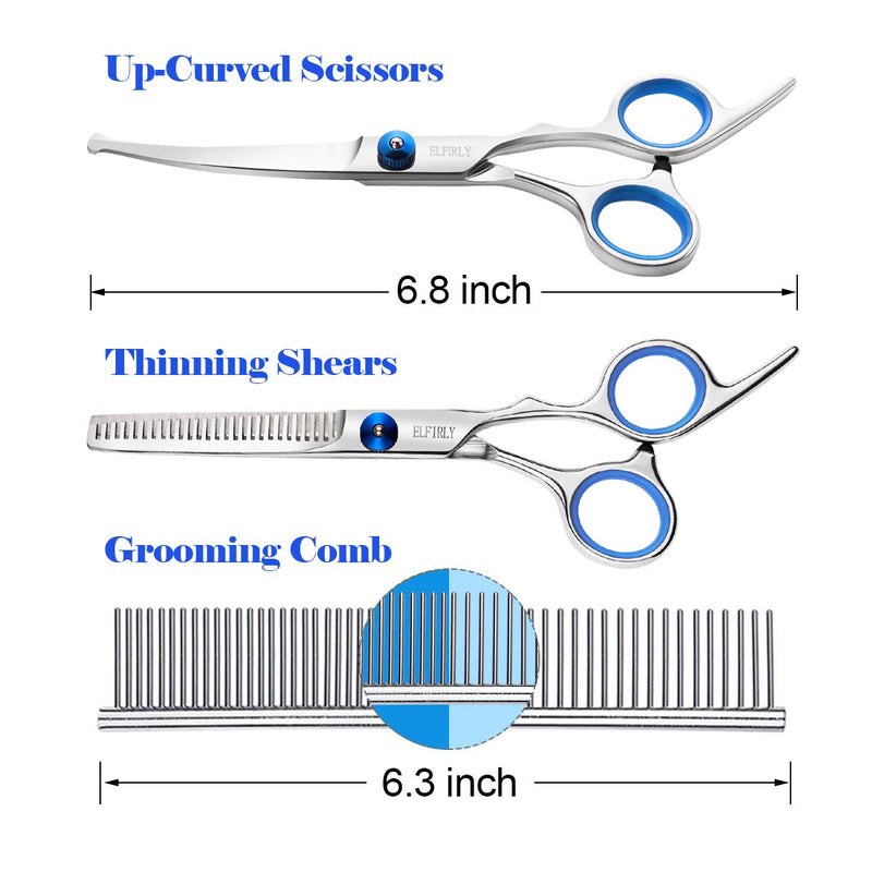 Dog Grooming Scissors Set with Safety Round Tip (2 Pack - Curved Scissors Thinning Shears for Grooming) Pet Grooming Shears with Grooming Comb for Dogs and Cats Blue - PawsPlanet Australia