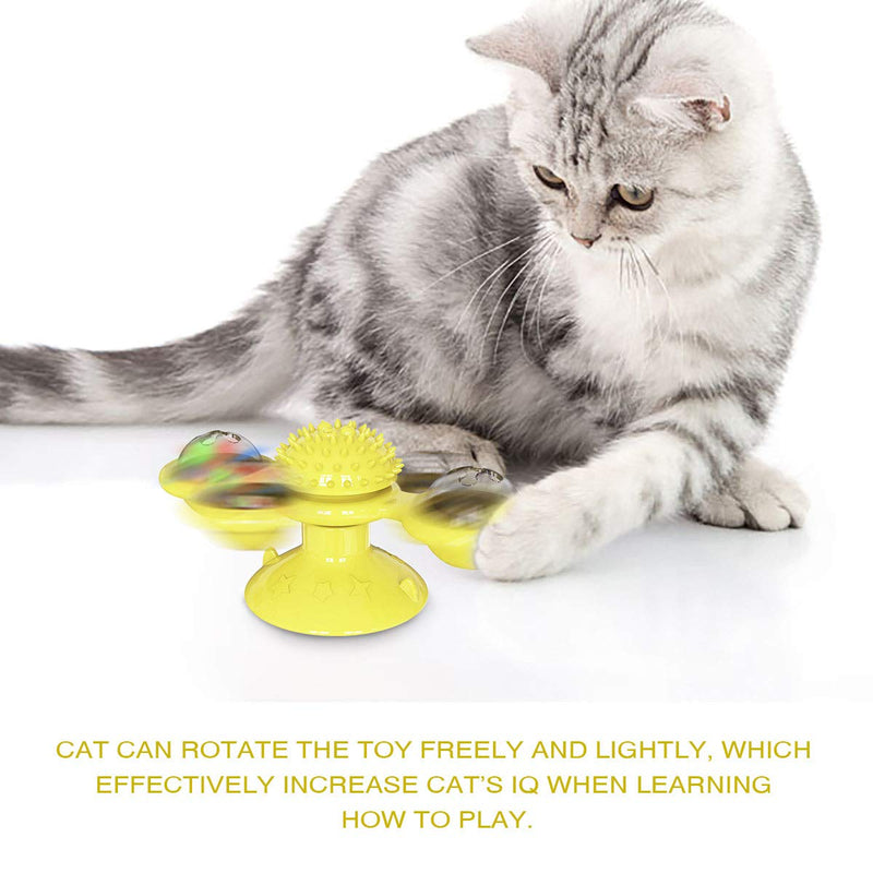 [Australia] - ODOLDI Windmill Cat Toy, Interactive Turntable Cat Toy with Suction Cup Portable Windmill Scratch Hair Brush Soft Silicone Washable Cat Grooming Shedding Massage for Cats Yellow 