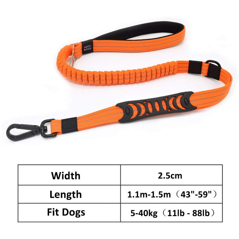 Multipurpose Strong Nylon Dog Lead Leash with Dog Seat Belt Clip for Car, 1.1m - 1.5m Bungee Dog Lead Leash Shock Absorber for Small Medium Large Dog, with Reflective Stitching & Padded Handle（Orange） - PawsPlanet Australia