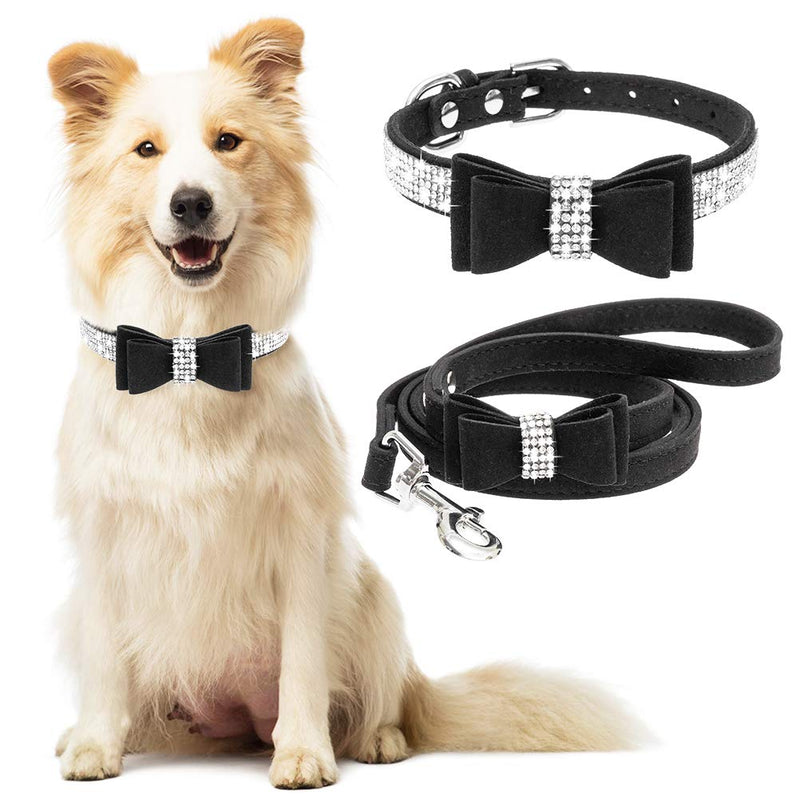 [Australia] - EXPAWLORER Bling Dog Collar with Leash Set for Dogs & Cats, Sparkling Rhinestone Bow Tie Collar and 4 Feet Leash, Crystal Soft Durable Leather Pet Collar for Daily and Party Show S (Neck:10.2"-12.4", Leash:3.9ft) Black 