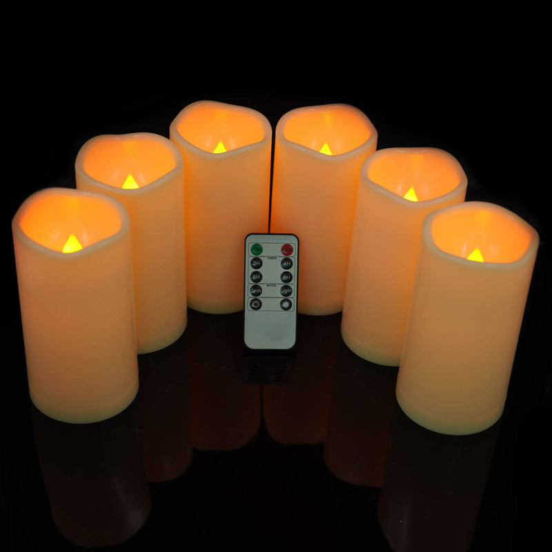 Amagic 3" x 6" Outdoor Waterproof Flameless Candles - Battery Operated LED Pillar Candles with Remote Control and Timers, Ivory, Plastic, Set of 6 - PawsPlanet Australia