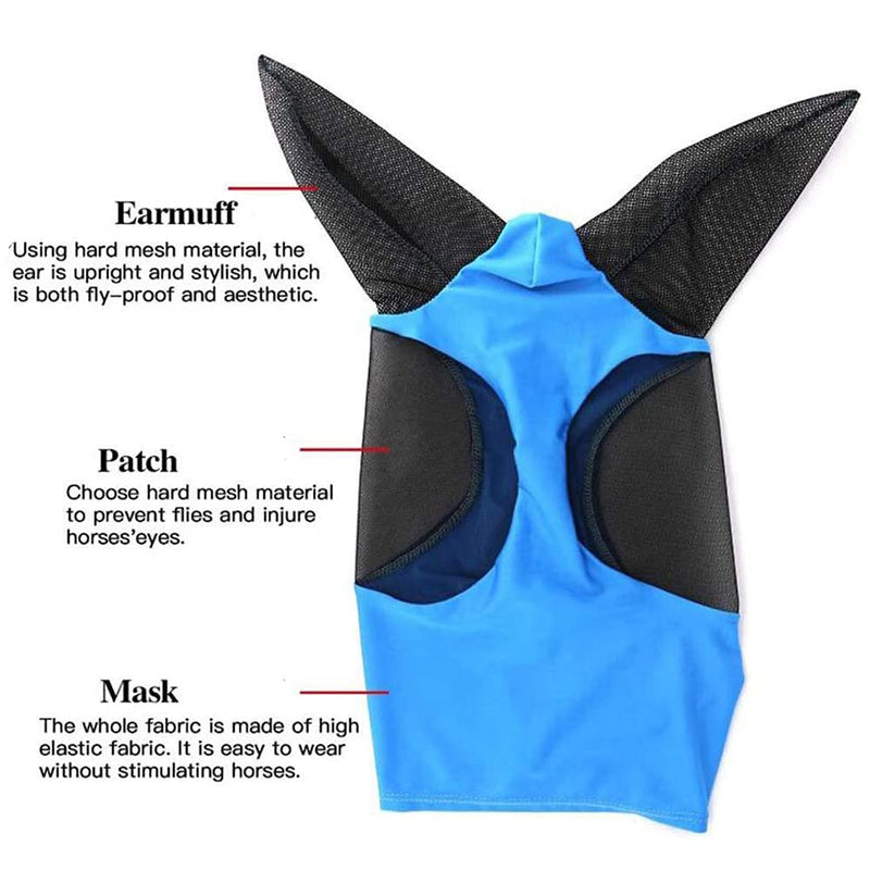 TeTupGa Horse Fly Mask With Ear Anti-Mosquito Anti Fly Soft Mesh Smooth & Elasticity Equine Cover Anti-UV Pony Face Protection (Blue) Blue - PawsPlanet Australia