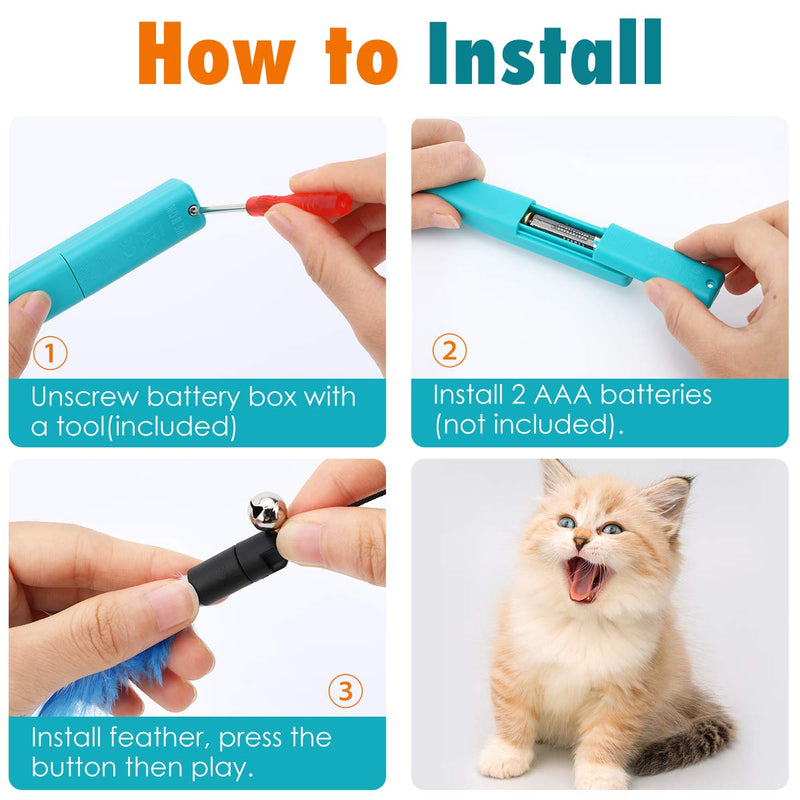 [Australia] - VavoPaw Cat Teaser Play Wand, Retractable Interactive Cat Toys Rod, One-Button for Automatic Rise & Fall, Funny Cat Kitty Kitten Play Wand Toys with 3 Different Flying Natural Feathers Bells 