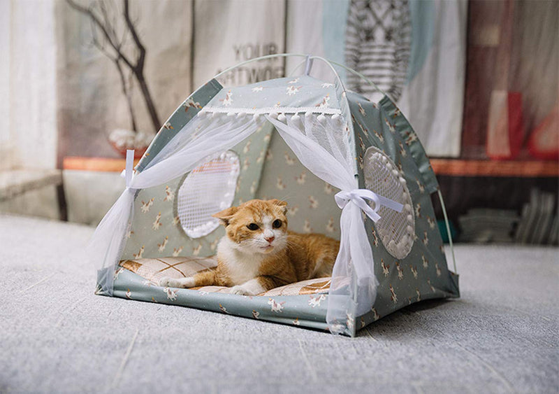 Pet Cat Tent Indoor Dog House Bed Pop Up Teepee Portable Folding Cat Small Dogs Puppy Playing Bed Safety Shelter Villa Nest with Soft Removable Cushion for Dog Cat Kitty Travel Camping M Green - PawsPlanet Australia