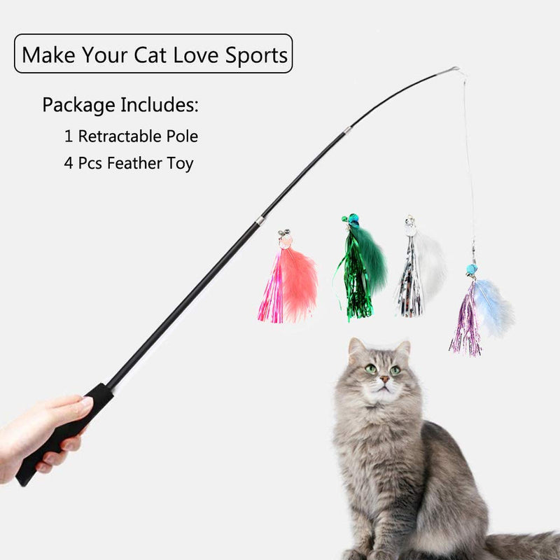 [Australia] - Cat Toys Interactive Cat Feather Wands, 1 pc Retractable Cat Wand Toy & 4 pcs Replacement Feather Toy, Multi Feather Teaser and Exerciser for Cat and Kitten 