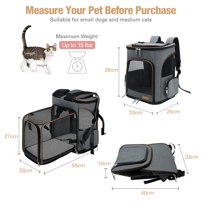 Lekesky Cat Backpack Carrier Expandable Dog Backpack for Medium Cats and Small Dogs Foldable Pet Backpack with Inner Escape-proof Leash and 2 Pet Mats Fit up 16 Lbs, Grey M - PawsPlanet Australia