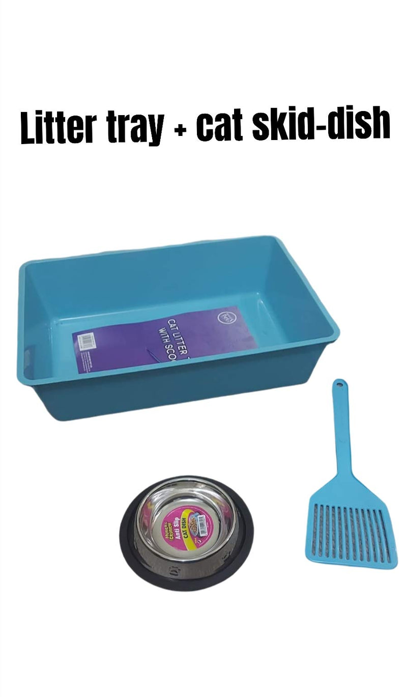 PSM Cat litter tray 16"14"4.5" approx cat litter scoop, cat product large plastic litter tray with stainless steel food bowl, non-slip rubber base, cat food bowl 150ml pet water bowl (BLUE) - PawsPlanet Australia