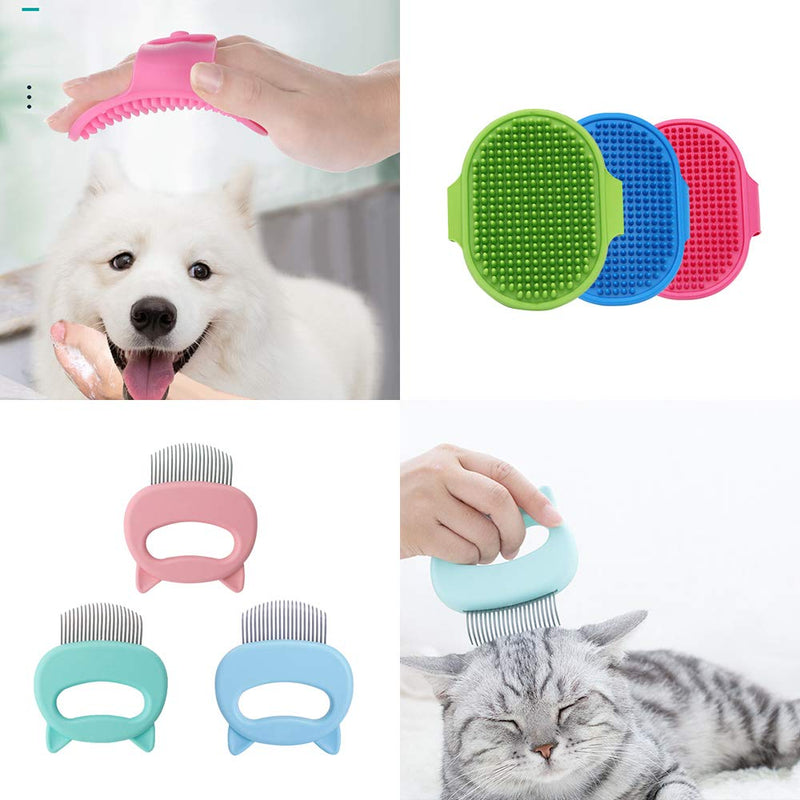 DI QIU REN 3 Pieces Pet Massaging Shell Comb with 3 Pieces Cat Bath Brush with Adjustable Ring Handle Pet Grooming Shampoo Bath Shedding Brush for Dogs and Cats with Short & Long Hair - PawsPlanet Australia