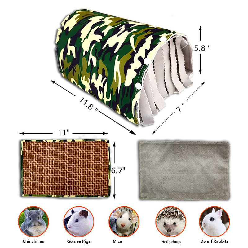 GINIDEAR Guinea Pig Hideout Tunnel Toys Accessories Small Animal Tunnel for Chinchillas, Hedgehogs, Rats and Dwarf Rabbits with Fleece Forest Curtains and Detachable Mats 11" x 7.5" x 6" Camo Green - PawsPlanet Australia