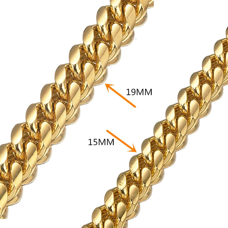 HXNINE Dog Cuban Chain Neck Link Stainless Steel Collar Necklace Choker for Bulldog Rottweiler Thick Golden Chain 15mm Width, 22 inch Length - PawsPlanet Australia