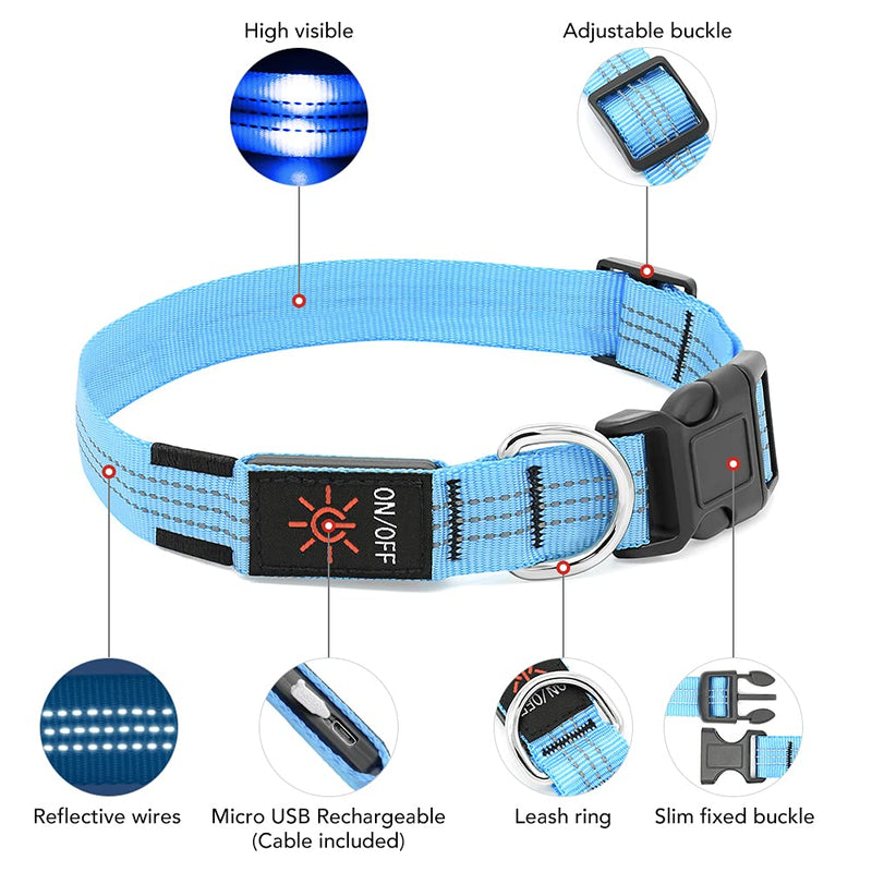 PZRLit Dog Collar Luminous USB Rechargeable, LED Dog Light Collar for Small Medium Large Dogs, Safety When Running at Night, Blue Medium Blue - PawsPlanet Australia