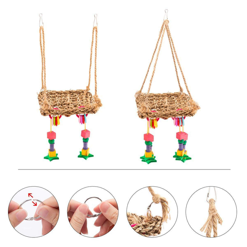 Achort Straw Braid Rope Net Hammock Ladder Bird Foraging Wall Toy with Hanging Hook, Edible Natural Straw Woven Mat 18 x 18 cm - PawsPlanet Australia