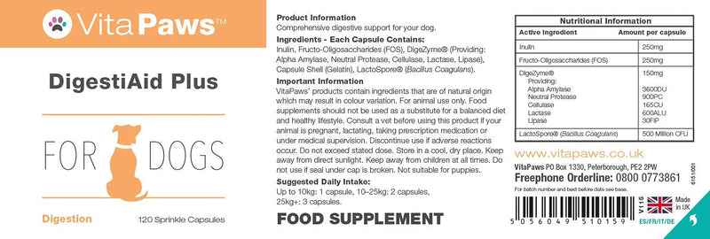 Probiotics for Dogs | DigestiAid Offers Friendly Bacillus Coagulans Bacteria with Digestive Enzymes and Prebiotics | 120 Sprinkle Capsules for Fussy Pets | UK Manufactured - PawsPlanet Australia