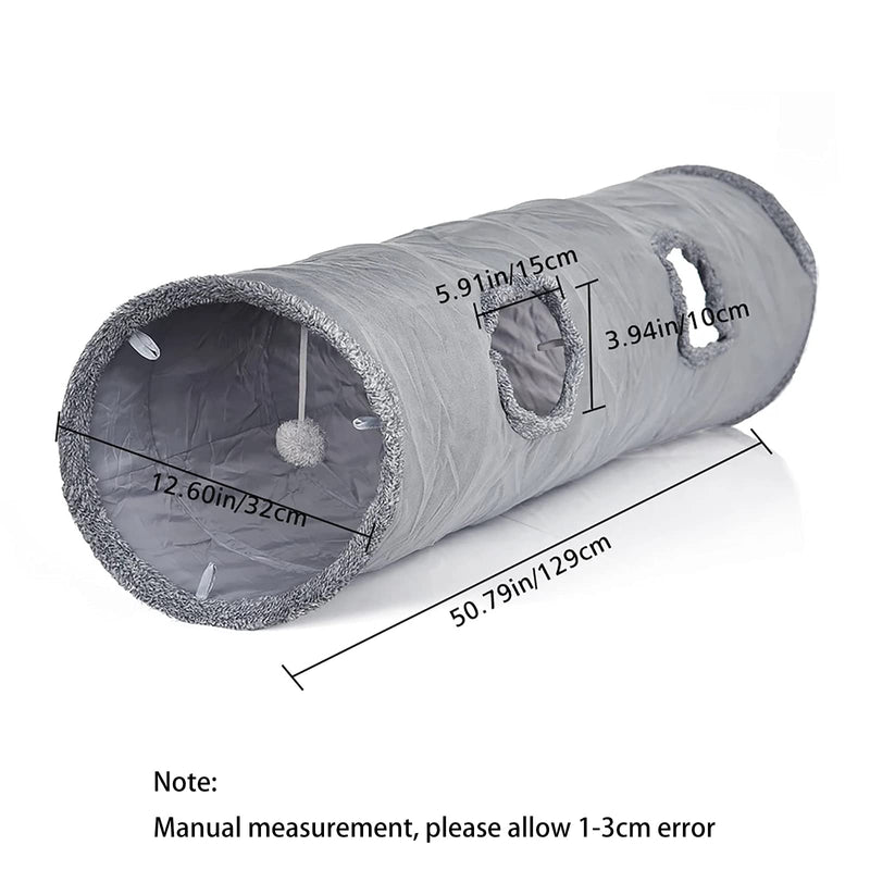 LeerKing Cat Play Tunnel Tube Long Collapsible Pet Kitten Indoor Tunnel Toy Fun with 2 Hole for Rabbits, Kittens, 12×51 inches, Gray L (12" × 51") Grey - PawsPlanet Australia