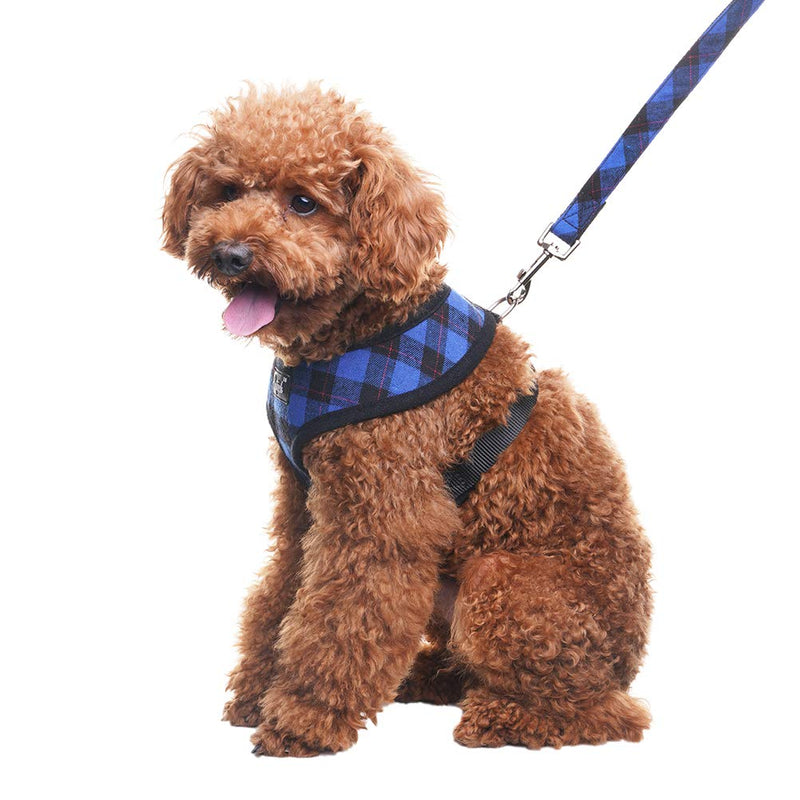 [Australia] - PUPTECK Soft Mesh Dog Harness with Leash - Plaid Adjustable Puppy No Pull Harnesses - Pet Padded Walking Vest S Blue 