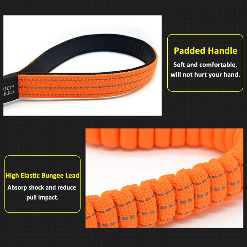 Multipurpose Strong Nylon Dog Lead Leash with Dog Seat Belt Clip for Car, 1.1m - 1.5m Bungee Dog Lead Leash Shock Absorber for Small Medium Large Dog, with Reflective Stitching & Padded Handle（Orange） - PawsPlanet Australia