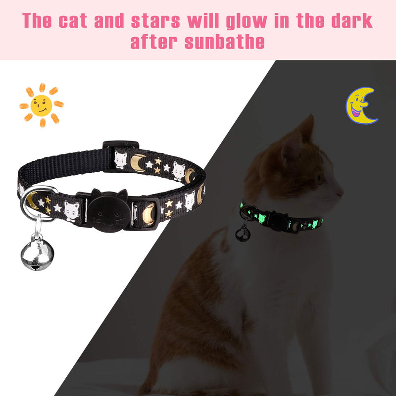 [Australia] - 3 PCS Breakaway Cat Collars with Bell Golden Moon Glowing Cat and Stars in The Dark for Kitten(Purple&Black&Pink) 