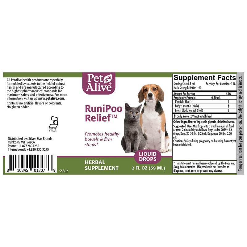 PetAlive RuniPoo Relief - All Natural Herbal Supplement Promotes Health Bowels and Firm Stools in Cats and Dogs - Relieves Common Symptoms of Pet Diarrhea - 59 mL - PawsPlanet Australia