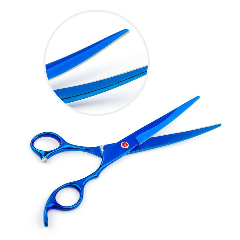 LINGSFIRE Pet Grooming Set Dog Cat Grooming Scissors Kit 5 Pieces Stainless Steel Rounded Tip Scissors, Thinning, Straight and Curved Shears, Comb Wiping Cloth With Leather Case -Blue - PawsPlanet Australia
