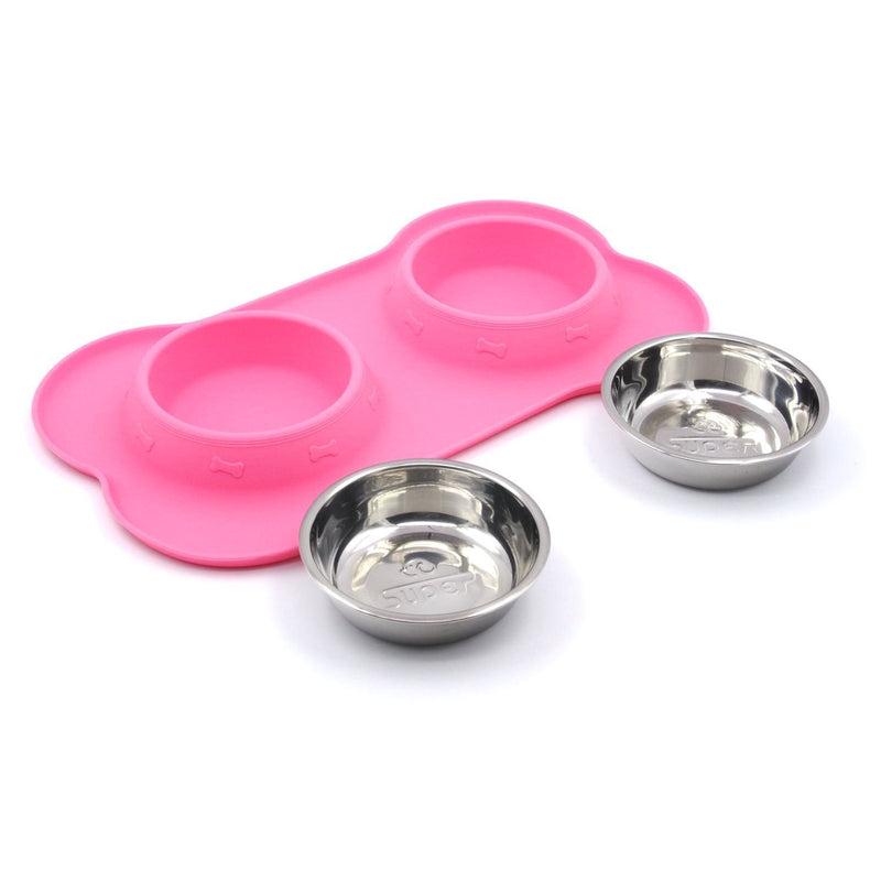 [Australia] - Super Design Double Bowl Pet Feeder Stainless Steel Food Water Bowls with No Spill Silicone Mat for Dogs Cats Small Pink 