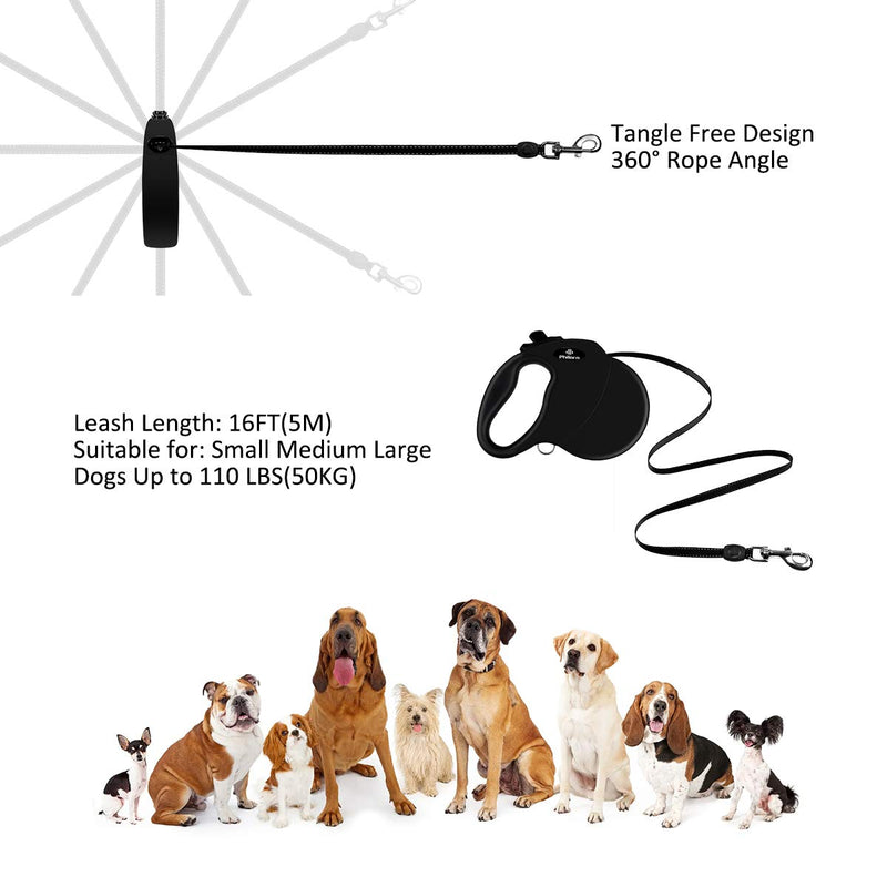 PHILORN Retractable Dog Lead, Heavy Duty 5M Extendable Dog Leash Tangle Free, One Button Break & Lock, Anti-Slip Rubber Handle Reflective Extending Lead for Small/Medium/Large Pet up to 110lbs Black - PawsPlanet Australia