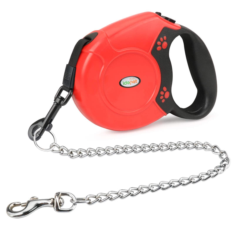 Idepet Retractable Heavy Duty Dog Lead for Small and Medium Dogs, Chain-Serrated Steel Chain Design, 360° Tangle-Free, Break & Lock System, 16 Foot Lead Red - PawsPlanet Australia