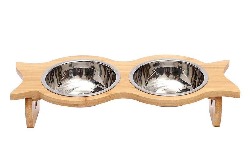 Pethiy Cat Bowls with Wooden Stand Cat bowl with fish tail shape with Stand Pet Dining Table Pet Bowls for Cats, Dogs, Kitten, Puppy-Double Bowls - PawsPlanet Australia