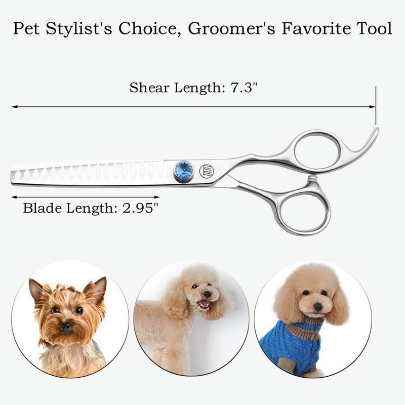 Moontay Professional Dog Grooming Straight, Curved, Thinning/Blending/Chunking Scissors Kit, JP-440C Stainless Steel Pet Cat Hair Cutting/Trimming Shears, Silver 7" (17-Tooth Chunker) - PawsPlanet Australia
