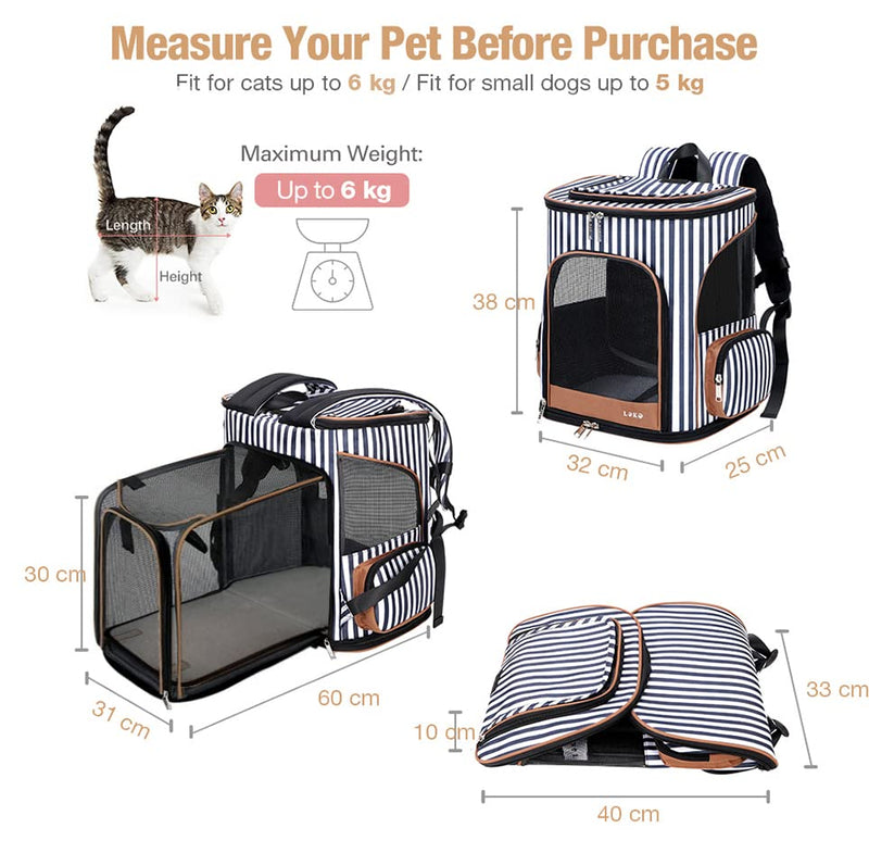 Lekesky Cat Backpack Expandable Pet Backpack Carrier for Medium Cats and Small Dogs Fit up 15 Lbs with Inner Escape-proof Leash, Blue Striped M Blue stirped - PawsPlanet Australia