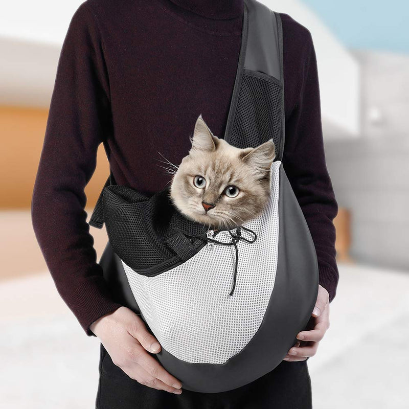 [Australia] - Number-one Small Pet Dog Cat Sling Carrier, Breathable Mesh Travelling Pet Hands-Free Sling Bag Adjustable Padded Strap Front Pouch Single Shoulder Bag for Dogs Cats (Black/Gray) 