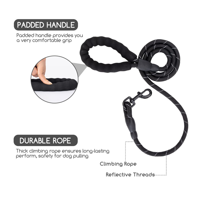 Nobleza Rope Dog Lead with Soft Comfortable Padded Handle, 5 FT Strong Dog Slip Leads, Highly Reflective Threads for Small, Medium and Large Dogs (Black, 150cm x 1.2cm) 1.5m with Soft Padded Handle - PawsPlanet Australia