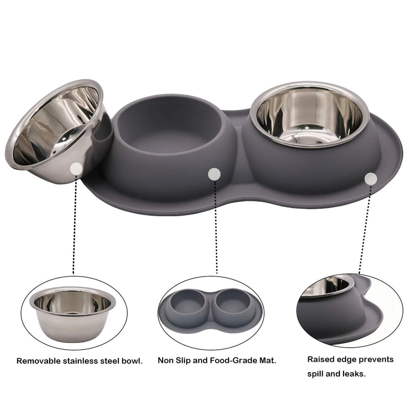 AOII Pet Dog Bowls 2 Stainless Steel Dog Bowl with No Spill Non-Skid Silicone Mat + Pet Food Scoop Water and Food Feeder Bowls for Feeding Small Medium Large Dogs Cats Puppies（Grey） - PawsPlanet Australia