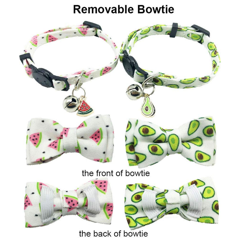 ADOGGYGO Cat Collar Breakaway with Cute Bow Tie Bell - 2 Pack Kitten Collar with Removable Bowtie Different Pattern Cat Bowtie Collar for Cat Kitten Kitty Avocado & Watermelon - PawsPlanet Australia