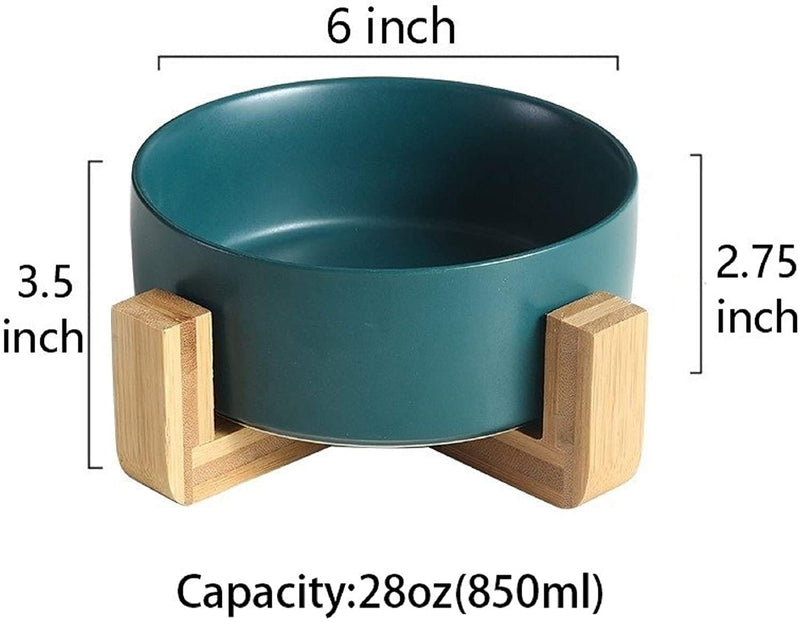 Hiope Ceramic Round Feeder Bowl for Dog and Cat Durable Ceramic Food Water Elevated Dish for Pet Water Bowl with Wood Stand, 28 Ounces - PawsPlanet Australia