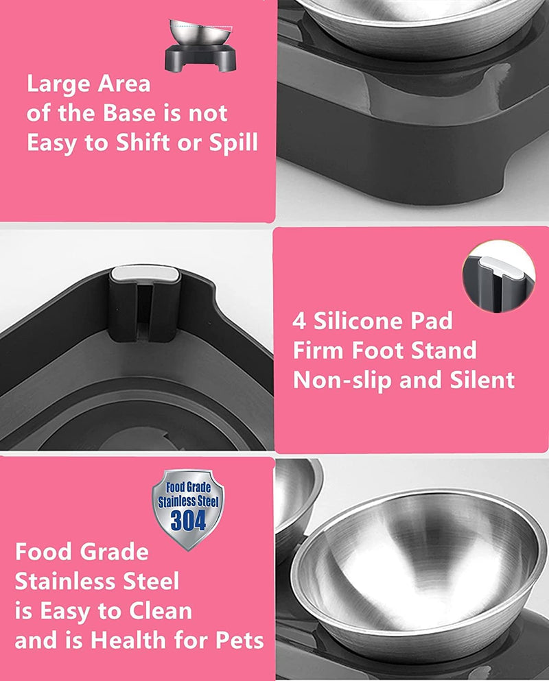 PewinGo Cat Bowl 15° Tilt Neck Protective Bowl Stainless Steel Food Grade Machine Washable Non-Slip Silicone Base for Pets Cats and Puppies Gris - PawsPlanet Australia