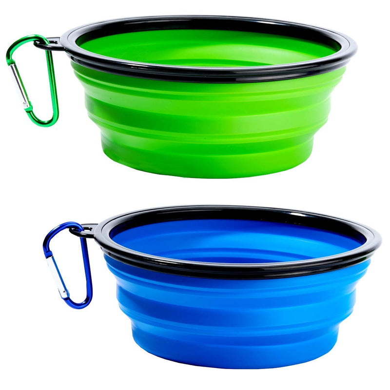 shun yi Collapsible Dog Bowl 2-Pack，Collapsible Travel Food and Water Bowl for Pets,Non-Toxic and Safe Silicone Feeder Bowl，Portable Travel Bowl Blue and Green Free Carabiner - PawsPlanet Australia