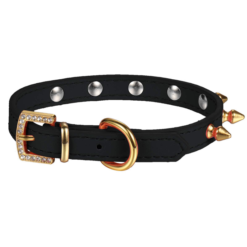 LOVPE Dog Collar/Cat Collar One Row Golden Spiked Studded Leather Pet Collars with Golden Rhinestone Buckle for Small Dog/Cat Puppy Kitty (S, Black) S - PawsPlanet Australia