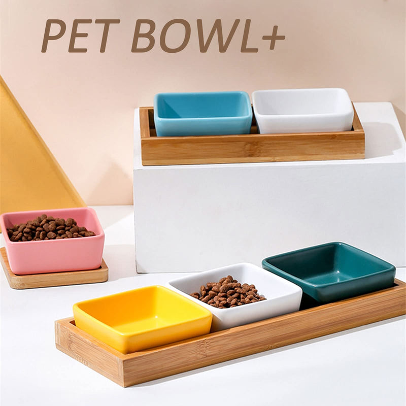 Cutefiy Small Animals Bowl, Ceramic Hamster Food Dishes and Water Bowl with Bamboo Tray for Hamster, Guinea Pig, Gerbil, Hedgehog, Chinchilla, Rabbit, Little Cat and Other Rodent 2Pack Set-PK+BU - PawsPlanet Australia