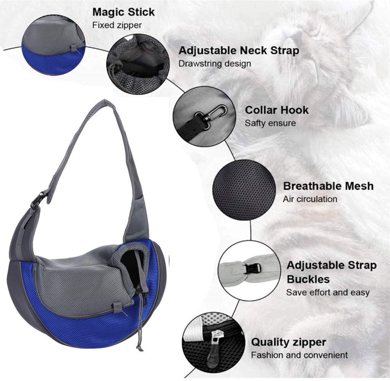 Pet Carrier Sling Breathable Mesh Hand Free Shoulder Tote Bag for Dog Cat Puppy Doggy Small Animals Below 10lb Adjustable Padded Shoulder Strap with Front Pocket Dog Carry for Outdoor Walking Travel Blue+Grey - PawsPlanet Australia